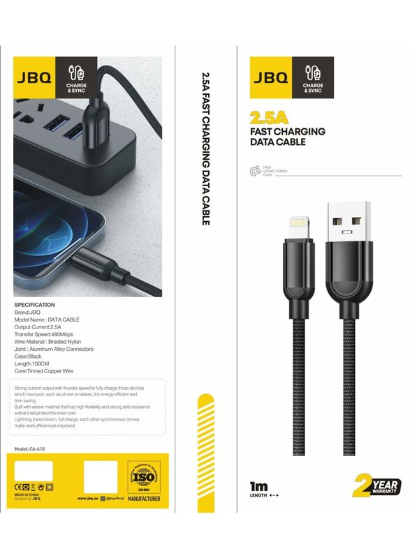 JBQ CA-610 Charge and Sync 2.5A Fast Charging Data Cable With Braided Nylon Transfer Speed of 480Mbps, 100cm, Black