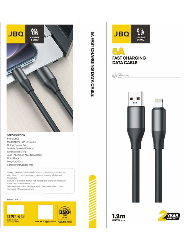 JBQ iPhone Charger Data Cable 5A Fast Charge and Sync Transfer Speed of 480Mbps, 120cm, Black, CA-612
