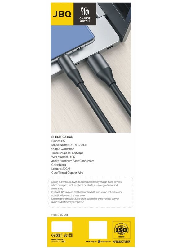 JBQ 5A Fast Charging Micro USB Data Cable Charge and Sync Transfer Speed of 480Mbps 120cm Black CA-612