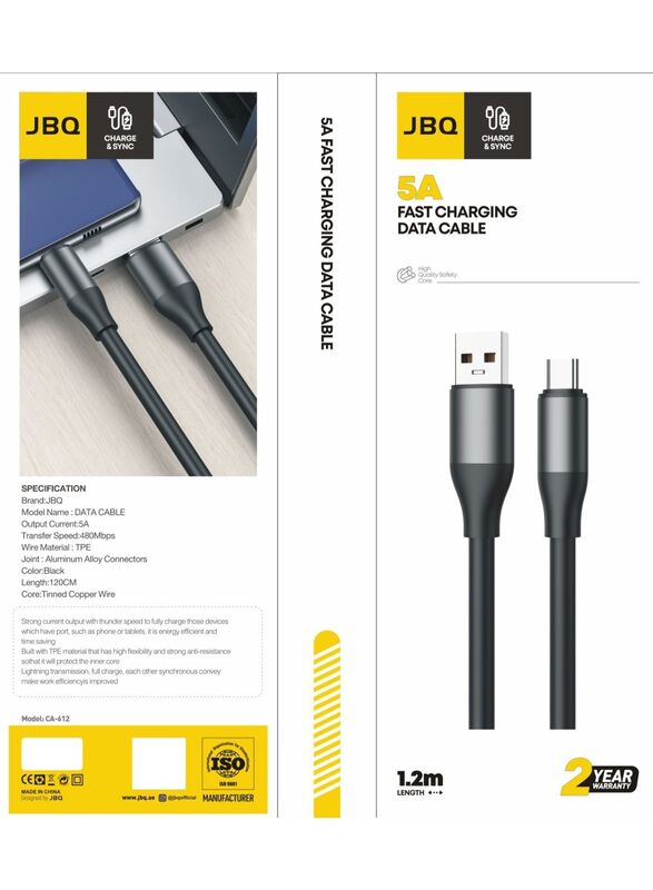 JBQ Type-C Data Cable Charger 5A Fast Charging and Sync Transfer Speed of 480Mbps 120cm Black CA-612