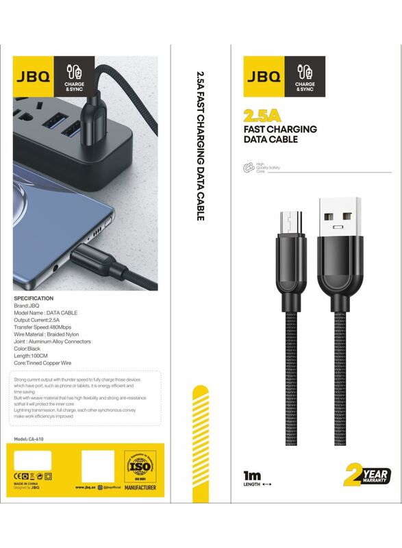 JBQ Micro USB Data Cable With Braided Nylon 2.5A Fast Charge and Sync Transfer Speed of 480Mbps, 100cm, Black, CA-610