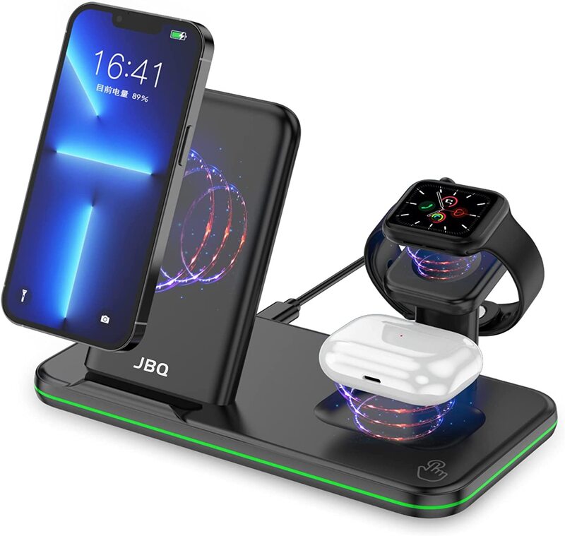 Jbq 4-in-1 15W Touch Sensitive Wireless Charging Station with Charge Status Smart Light, Black