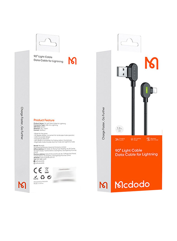 

Mcdodo 4-Feet 90 Degree LED USB Type A to Lightning Gaming Cable for iOS Devices, CA-467, Black