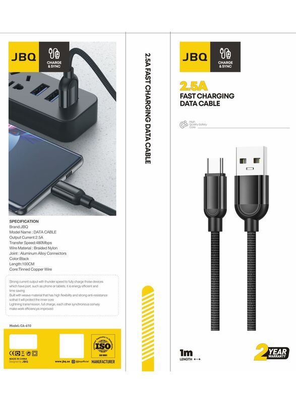 JBQ Type-C Data Cable With Braided Nylon 2.5A Fast Charge and Sync Transfer Speed of 480Mbps, 100cm, Black CA-610