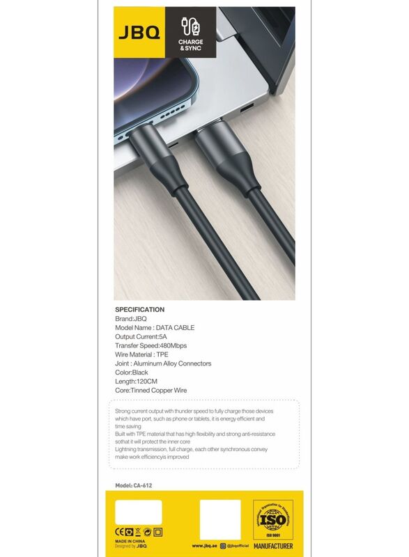 JBQ iPhone Charger Data Cable 5A Fast Charge and Sync Transfer Speed of 480Mbps, 120cm, Black, CA-612