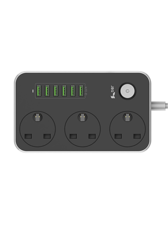 Jbq 3 Power Socket Multi Plug Extension Wall Charger with 6 USB, Black