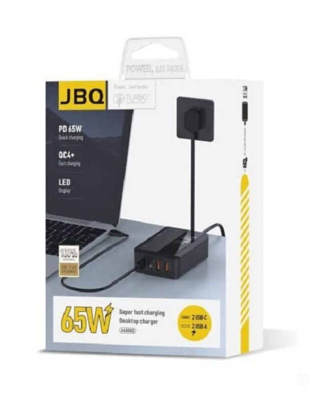 Jbq 65W LED Display Super Fast QC 4.0 Desktop Charger, 2 USB-C to 2 USB-A, Black