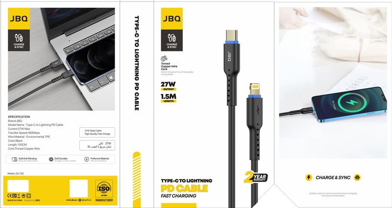 JBQ Charge and Sync 27W Type-C PD Cable With Tinned Copper Wire Core Soft Anti-Winding 150cm Black CA-722