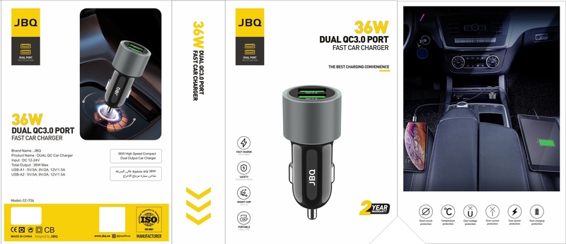 JBQ CC-736 36W Dual QC3.0 Port Fast Car Charger With Short Circuit Temperature Over Voltage Over Current Over Power Over Charging Protection