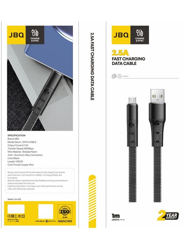JBQ Micro USB Data Cable Charger With Braided Nylon 2.5A Fast Charging and Sync Transfer Speed of 480Mbps 100cm Black CA-620