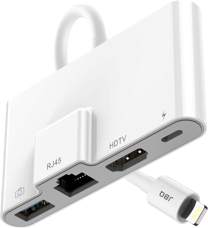 Jbq 4-in-1 Lightning to USB 3.0 Standard, RJ45 Ethernet, HDMI 4K, Lightning Adapter, White