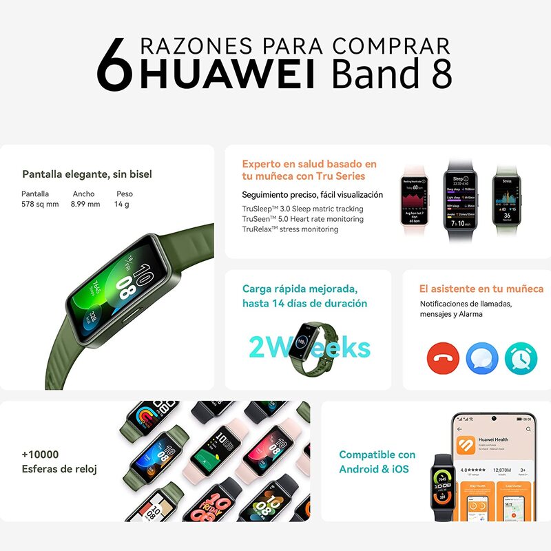 HUAWEI Band 8 Smart Watch, Ultra-thin Design, Scientific Sleeping Tracking, 2-week battery life, Compatible with Android & iOS, 24/7 Health Management, Emerald Green