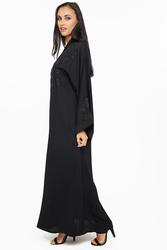 Nukhbaa Leaf Embelished Sequined and Beaded Abaya with Hijab, Black, XS