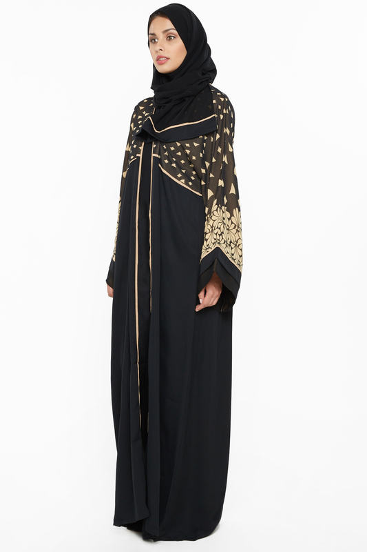 Nukhbaa Floral Net Print Abaya with Hijab, Black, Medium