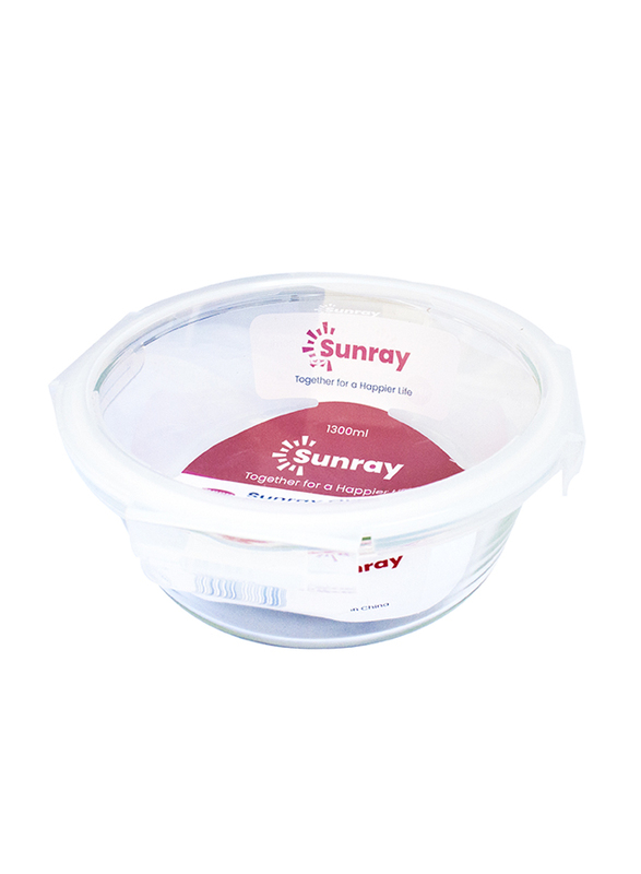 Sunray Borosilicate Glass Round Food Container, 1300ml, Clear