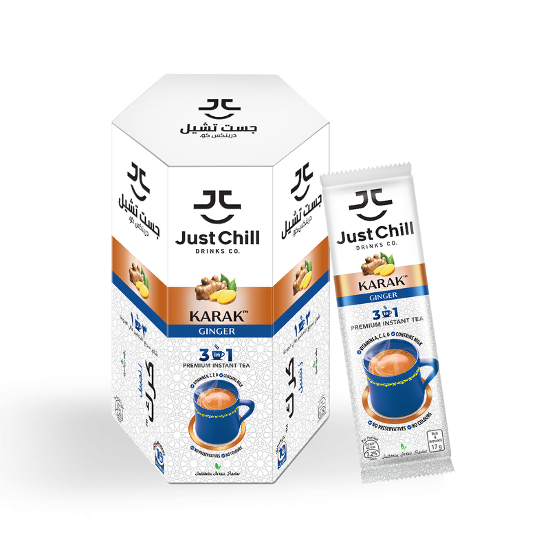 Just Chill Drinks Co. Tea Premix, Karak Chai Ginger, Immunity Booster, 26g Sachet, Pack of 10