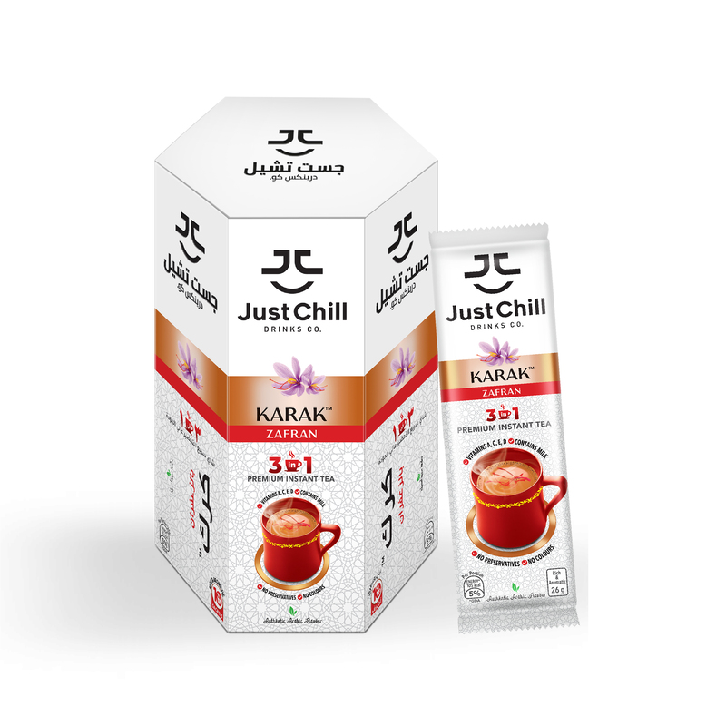 Just Chill Drinks Co. Tea Premix, Karak Chai Zafran, Immunity Booster, 26g Sachet, Pack of 10
