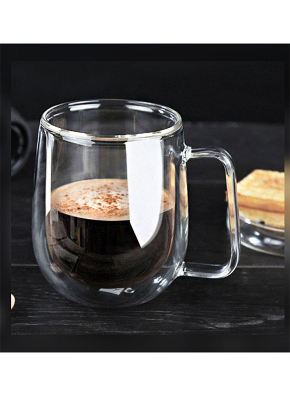 1Chase 2-Piece Double Walled Glass Coffee Cups with Handle and Glass Lid, Clear