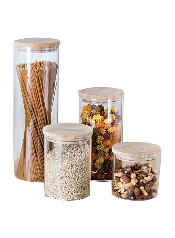 1Chase Borosilicate Glass Food Storage Jars with Bamboo Lids for Pantry Set, 4 Pieces, Clear/Beige