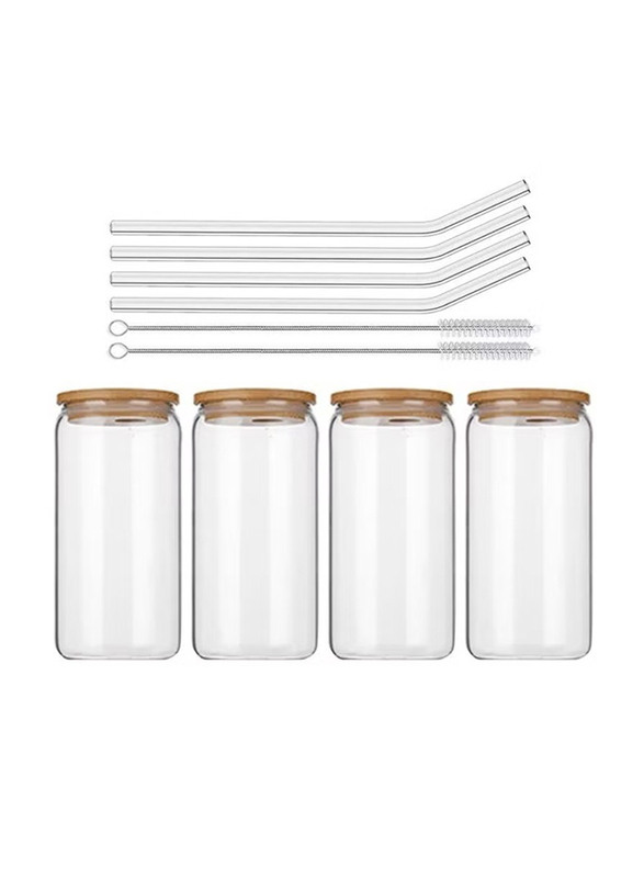 1Chase 550ml 10-Piece Borosilicate Glass Mason Jar with Bamboo Lid/Glass Straw/Cleaning Brush Set, Clear/Brown