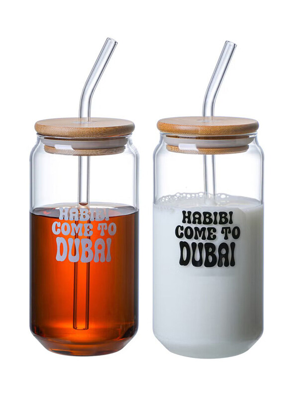 

1Chase 2-Piece 550ml Borosilicate "Habibi Come to Dubai" Printed Drinking Glasses with Bamboo Lid & Glass Straw, Clear
