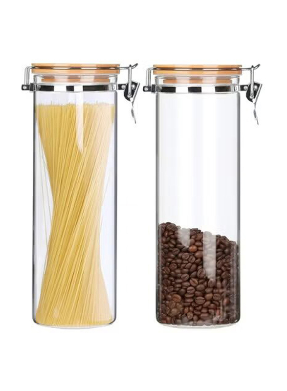 1Chase Borosilicate Glass Storage Jar with Clip & Airtight Bamboo Lid, 1400ml, 2 Piece, Clear