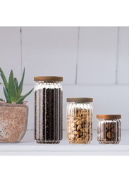 1Chase Borosilicate Stripe Glass Food Storage Jar with Acacia Wood Air Tight Lid, 500ml/700ml/1000ml, Clear/Brown