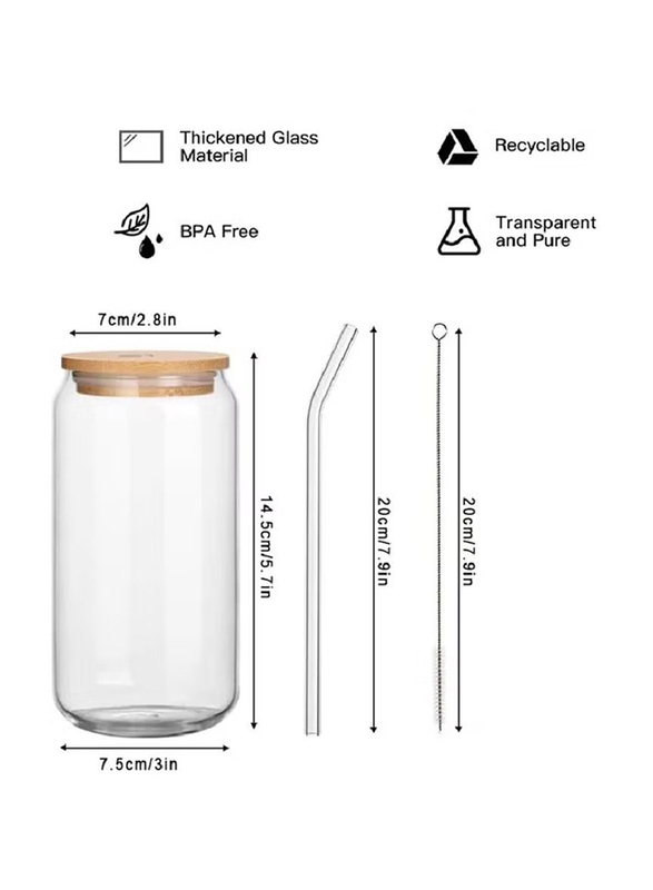 1Chase 550ml 6-Piece Borosilicate Glass Mason Jar with Bamboo Lid/Glass Straw/Cleaning Brush Set, Clear/Brown