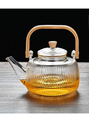 1Chase 1000ml Borosilicate Stripe Glass Teapot with Infuser & Bamboo Handle, Clear/Brown