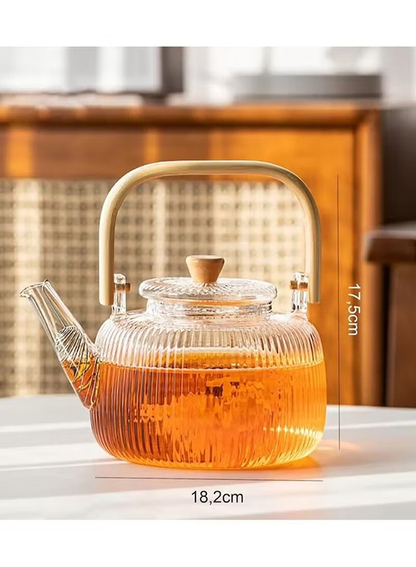 1Chase 1000ml Borosilicate Stripe Glass Teapot with Infuser & Bamboo Handle, Clear/Brown