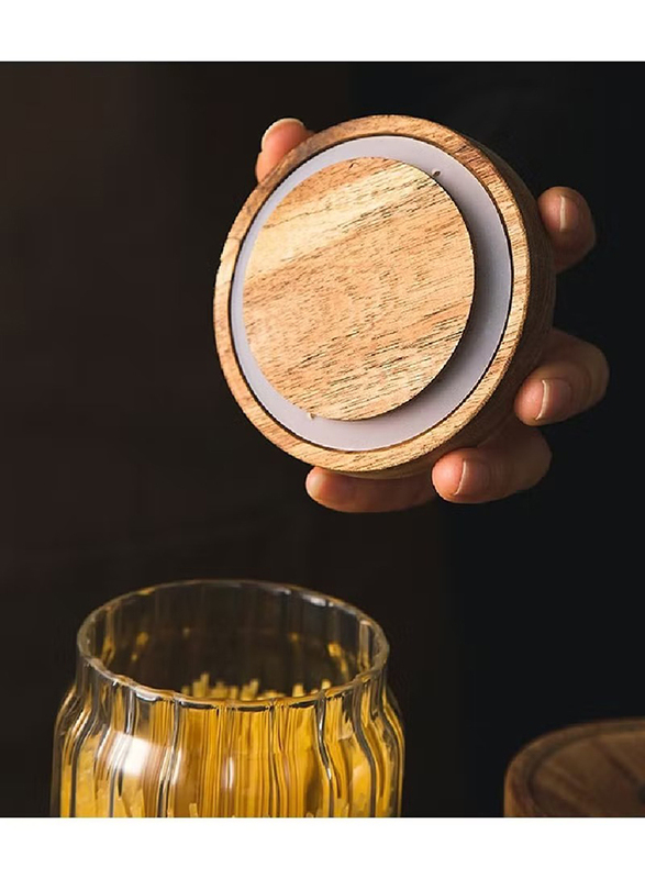1Chase Borosilicate Stripe Glass Food Storage Jar with Acacia Wood Air Tight Lid, 700ml x 3 Piece, Clear/Brown
