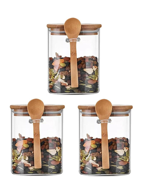 

1Chase Borosilicate Glass Food Storage Jar with Bamboo Lid & Spoon Set, 3 x 1000ml, Clear/Beige