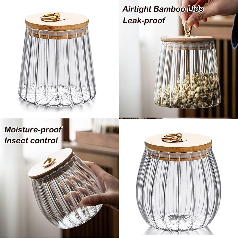 1Chase Borosilicate Glass Oval Petal Decorative Container Storage Jar with Airtight Bamboo Lid & Metal Handle Set for Tea/Coffee Beans/Candy/Spices & Biscuits, 4 x 700ml, Clear/Brown