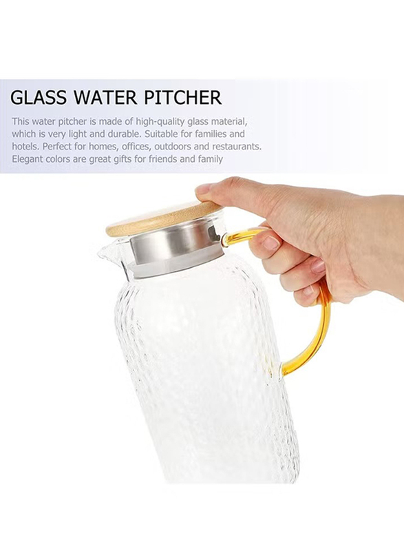 1Chase 1800ml Heat Resistant Borosilicate Glass Water Pitcher with Bamboo Lid & Stainless Steel Strainer, Multicolour