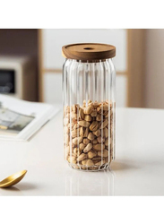 1Chase Borosilicate Stripe Glass Food Storage Jar with Acacia Wood Air Tight Lid, 1000ml, 3 Piece, Clear/Brown