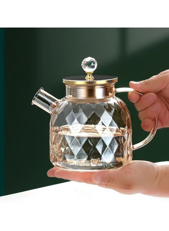 1Chase 1200ml Heat Resistant Borosilicate Diamond Pattern Glass Teapot with Stainless Steel Strainer Lid & Infuser, Clear/Rese Gold