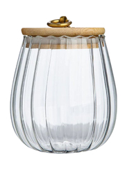 1Chase Borosilicate Oval Glass Storage Jar with Airtight Bamboo Lid and Metal Handle, 700ml, Clear