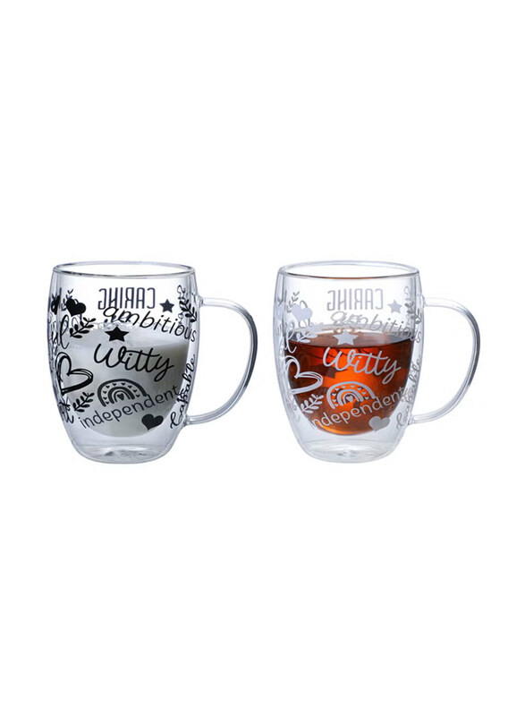 

1Chase 2-Piece 350ml Borosilicate Positive Quote Printed Double Wall Glass Cup with Handle & Straw, Clear