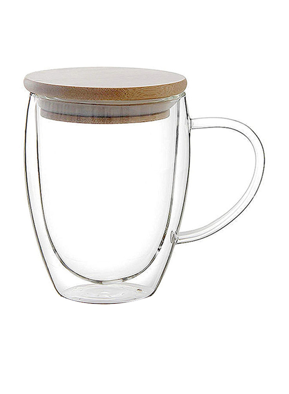1Chase 3-Piece Double Walled Coffee Cups With Handle Lid Set, Clear/Beige