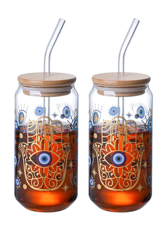 

1Chase 2-Piece 550ml Borosilicate Evil Eye Printed Drinking Glasses with Bamboo Lid & Glass Straw, Clear