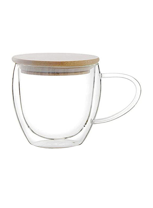 1Chase 3-Piece Double Walled Coffee Cups With Handle Lid Set, Clear/Beige