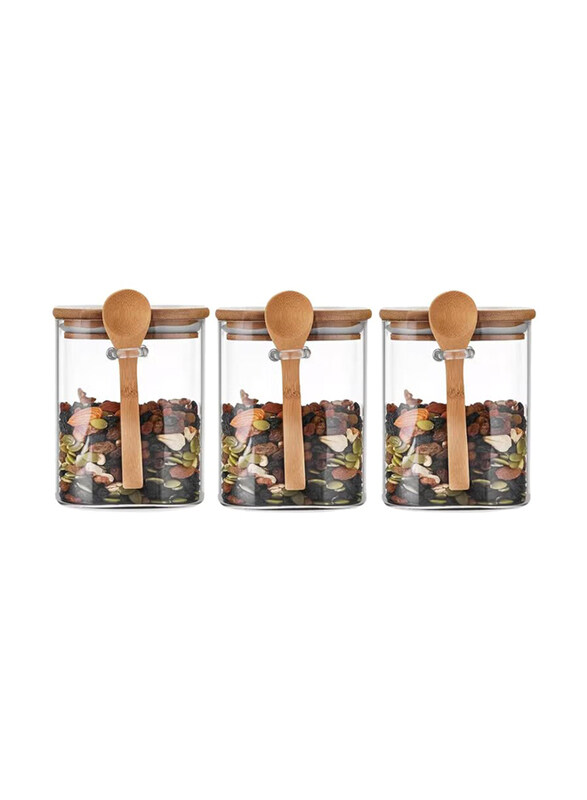 1Chase Borosilicate Glass Food Storage Jar with Bamboo Lid & Spoon Set, 3 x 1000ml, Clear/Beige