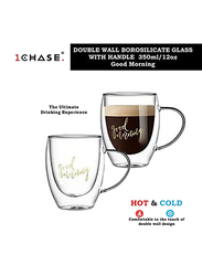 1Chase 2-Piece Double Wall Good Morning Printed Glass Mug Set With Handle, Clear