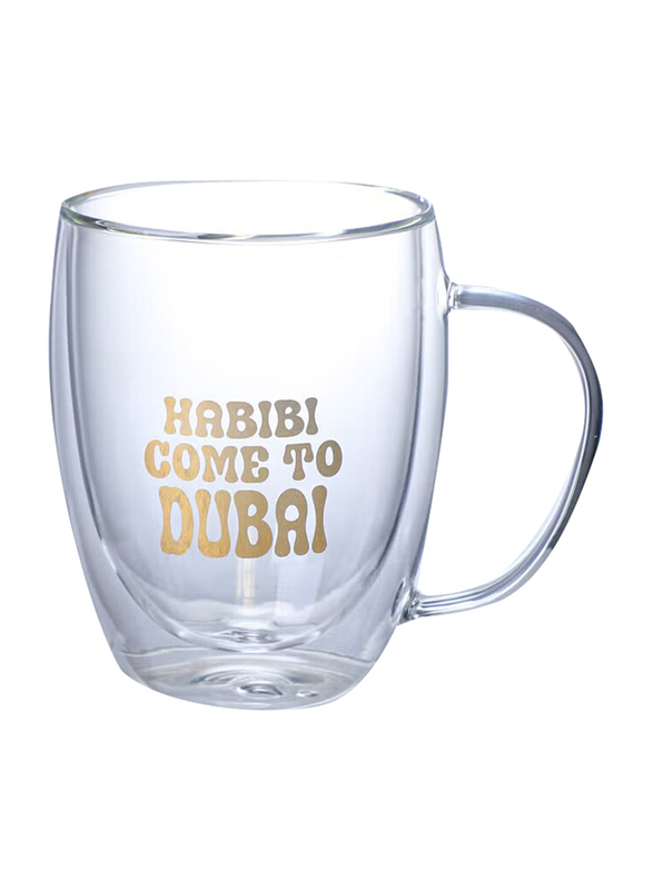 1Chase 350ml Borosilicate Double Wall Habibi Come to Dubai Printed Glass Cup with Handle & Straw, Clear