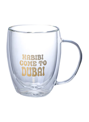 1Chase 350ml Borosilicate Double Wall Habibi Come to Dubai Printed Glass Cup with Handle & Straw, Clear