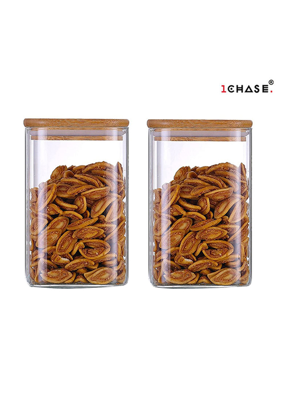 1Chase 2-Piece Storage Jar With Air Tight Bamboo Lid Set, Multicolour
