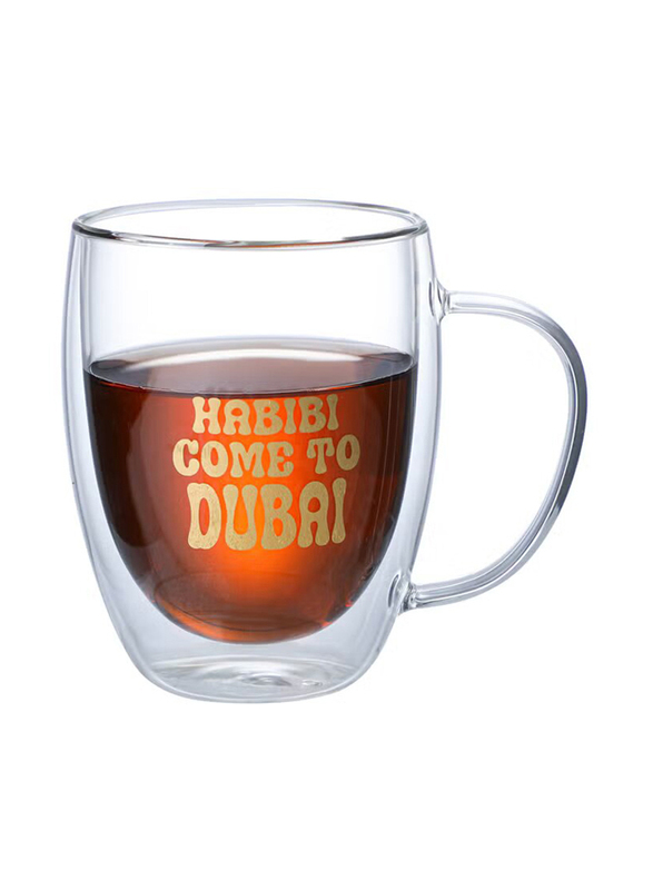 

1Chase 350ml Borosilicate Double Wall Habibi Come to Dubai Printed Glass Cup with Handle & Straw, Clear