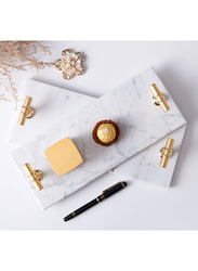 1Chase Rectangular Marble Tray with T Shaped Handles, White/Gold