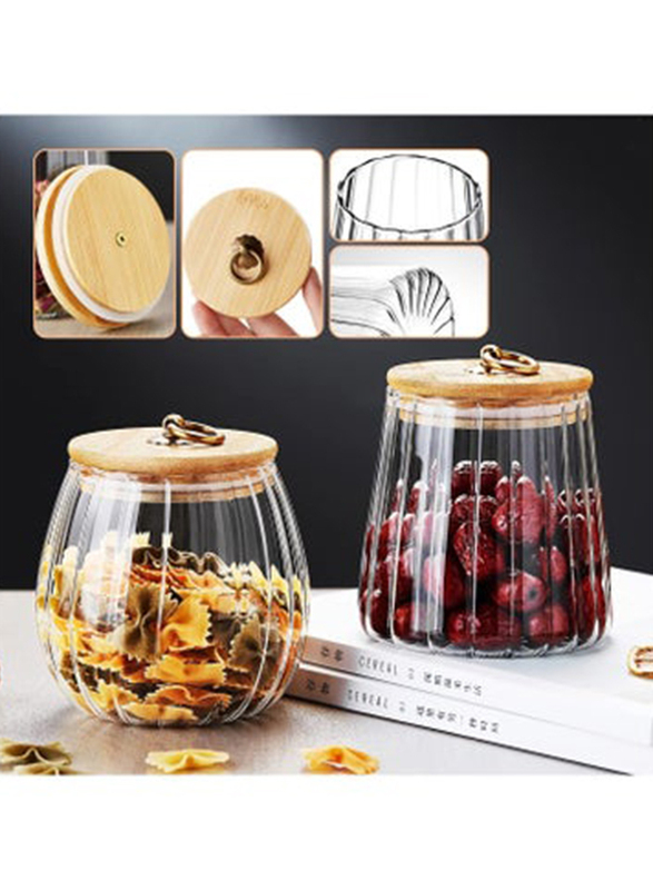 1Chase 2-Piece Borosilicate Glass Storage Jars with Airtight Bamboo Lid and Metal Handle, 600/700ml, Clear