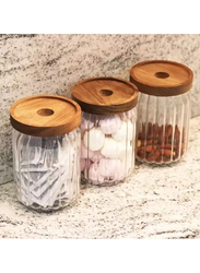1Chase Borosilicate Stripe Glass Food Storage Jar with Acacia Wood Air Tight Lid, 700ml x 3 Piece, Clear/Brown